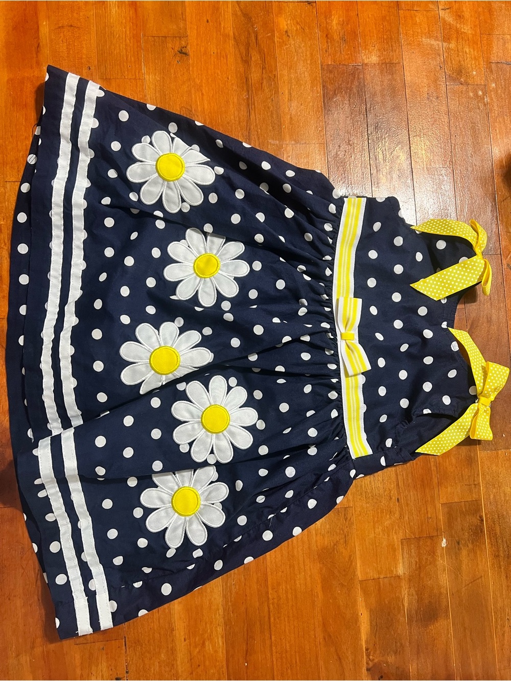 Navy Polka Dot Daisy Halter Kids Dress with Yellow Accents